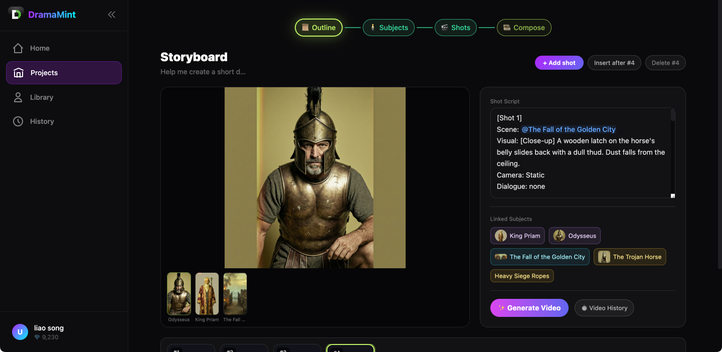 Dramamint studio — storyboard, shot script and linked subjects